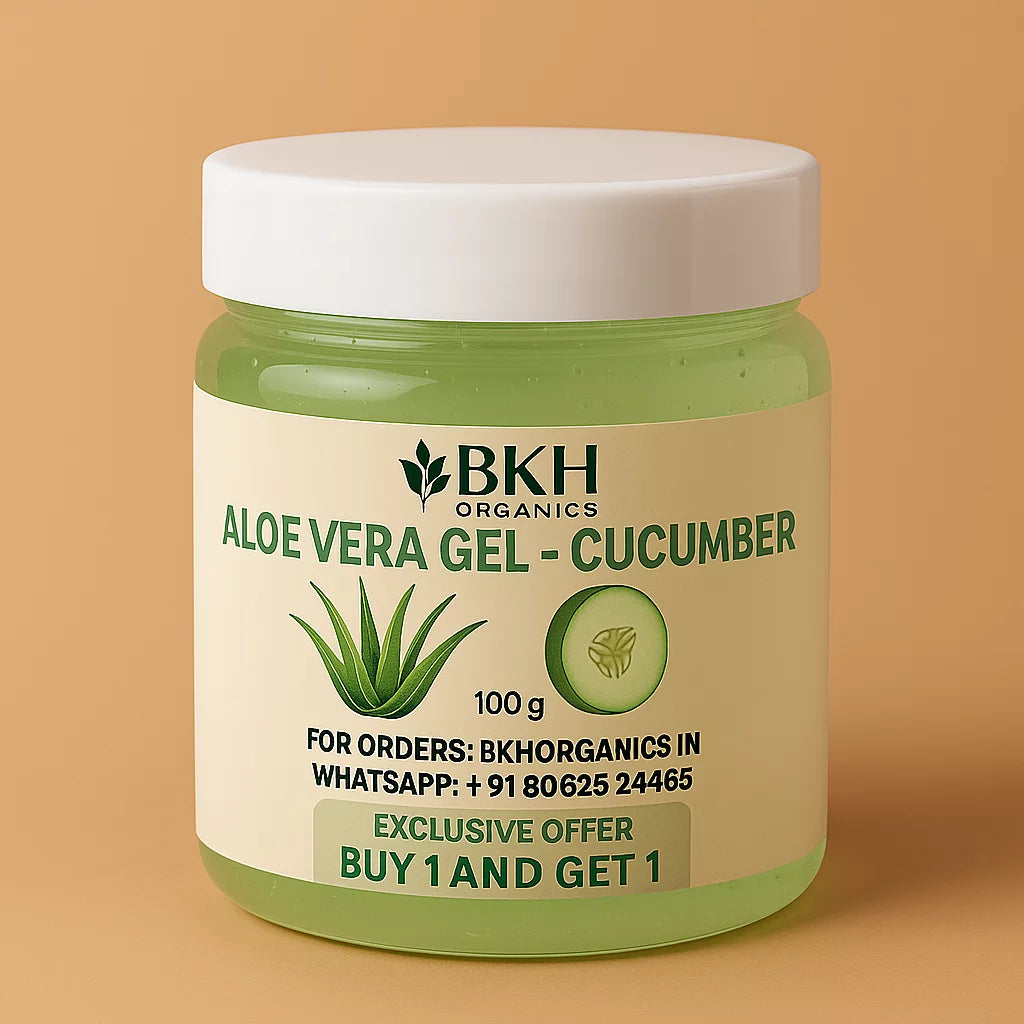Jar of BKH Organics Aloe Vera Gel Cucumber on a beige background