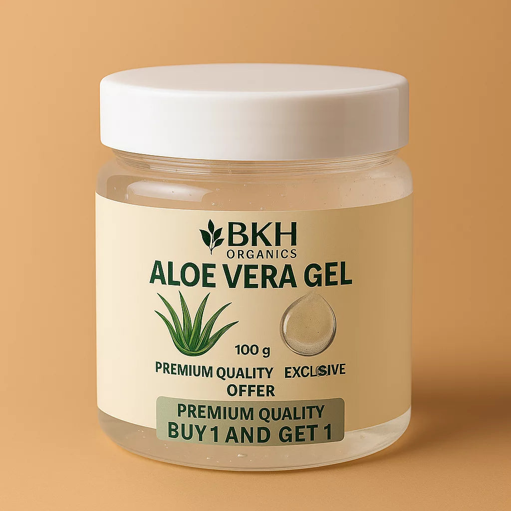 Jar of BKH Organics Aloe Vera Gel on a beige background
