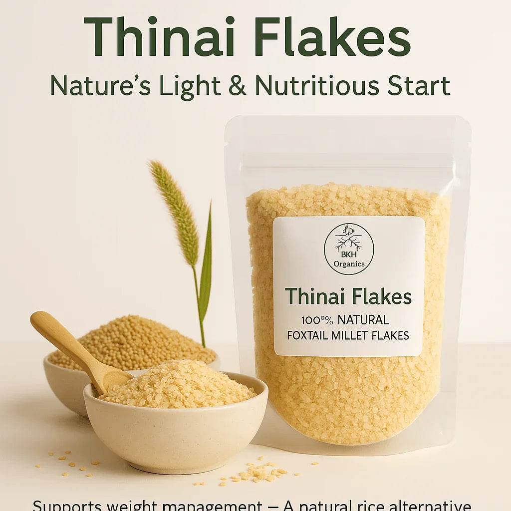Packaging of Thinai Flakes with a bowl and spoon on a light background. Thinai Flakes (Foxtail) - BKH Organics