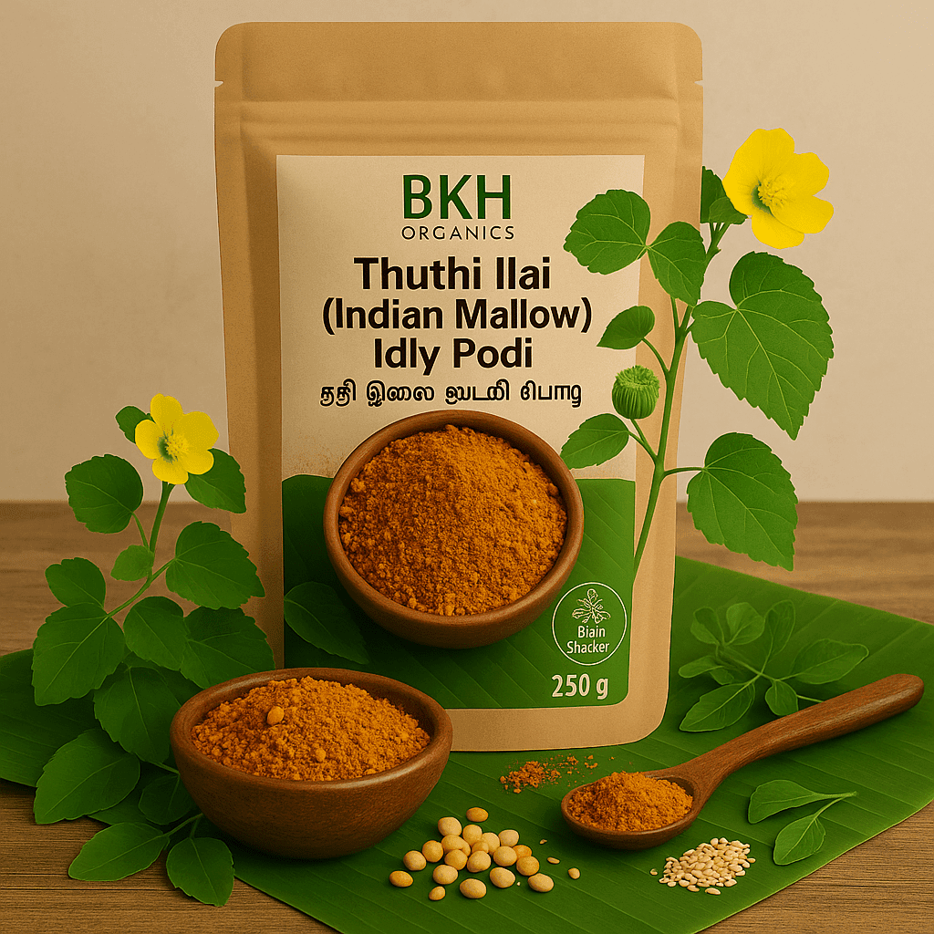 BKH Organics Thuthi Ilai packaging with bowls of powder and plant elements on a wooden surface.