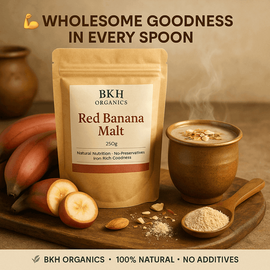 BKH Organics Red Banana Malt package with a cup of malt, bananas, and a spoonful of powder on a wooden board.