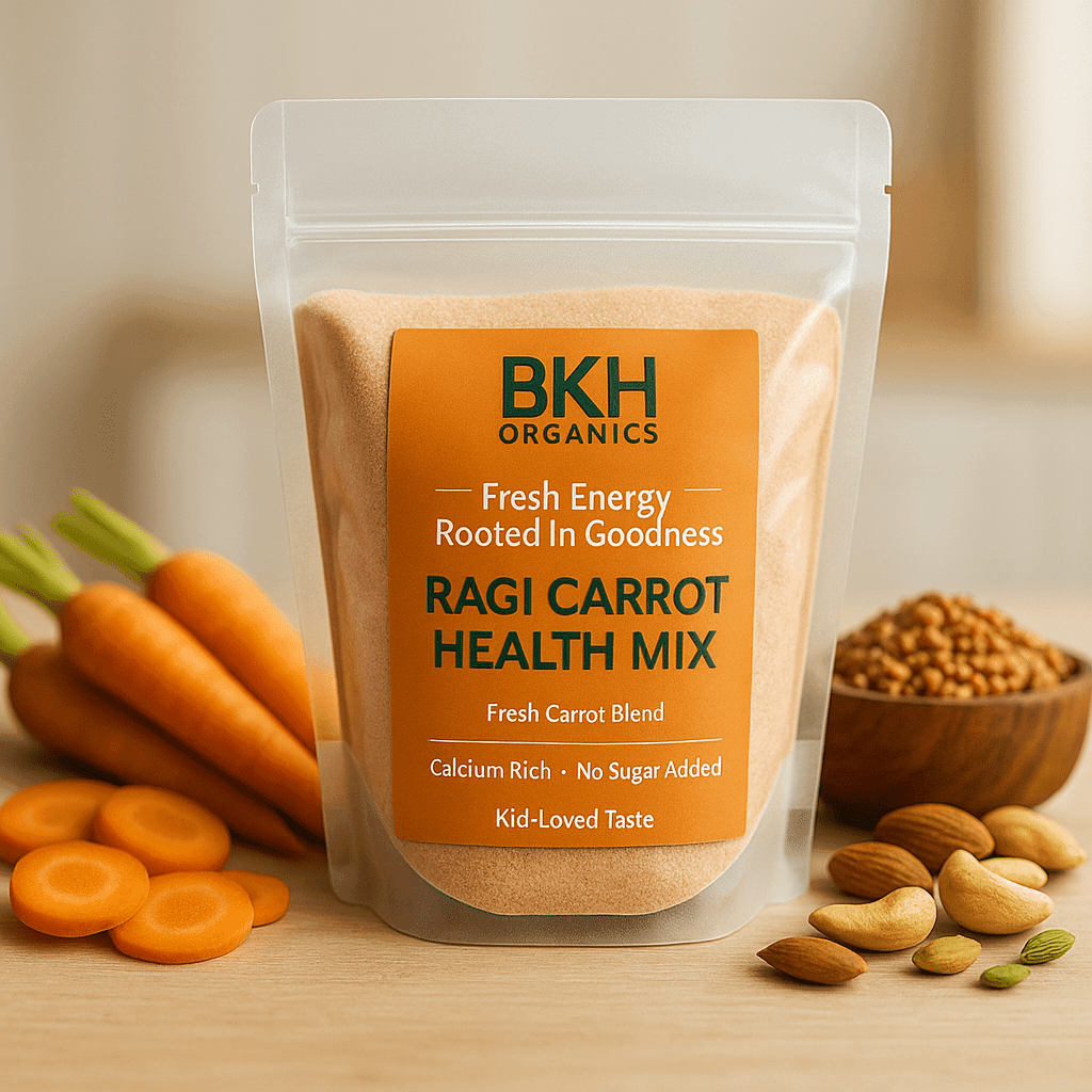 BKH Organics Ragi Carrot Health Mix packaging with carrots, nuts, and a bowl of seeds on a wooden surface.
