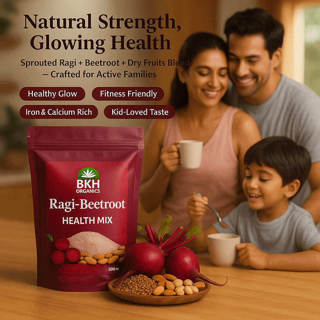BKH Organics Ragi-Beetroot Health Mix package with a family enjoying a healthy snack. Ragi - Beetroot Health Mix 500g - BKH Organics