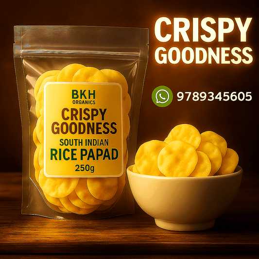 Bowl of South Indian Rice Papad next to a package labeled 'Crispy Goodness' with contact information. Arisi Vathal 250g - BKH Organics