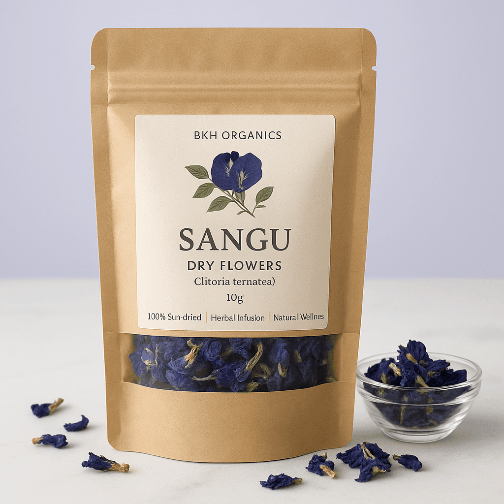 BKH Organics Sangu dry flowers packaging with flowers around on a light background