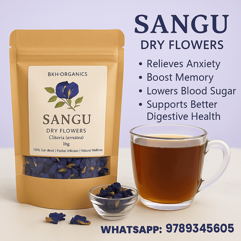 Sangu dry flowers packaging with a cup of tea and text highlighting benefits on a light purple background