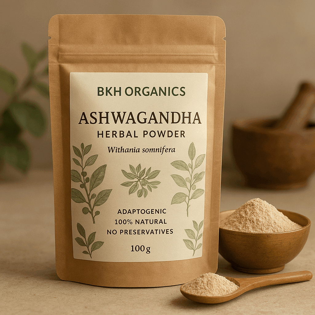 BKH Organics Ashwagandha herbal powder package with a bowl and spoon of powder on a beige background. Aswagandha Herbal Powder 100g - BKH Organics
