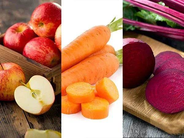 Three images of fruits and vegetables: apples, carrots, and beets. BKH Organics ABC Malt