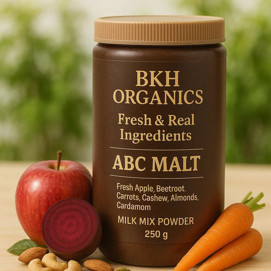 BKH Organics ABC Malt powder jar with fresh ingredients on a wooden surface