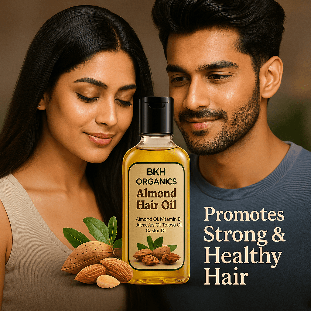 BKH Organics Almond Hair Oil with a woman and man holding it, promoting strong and healthy hair.