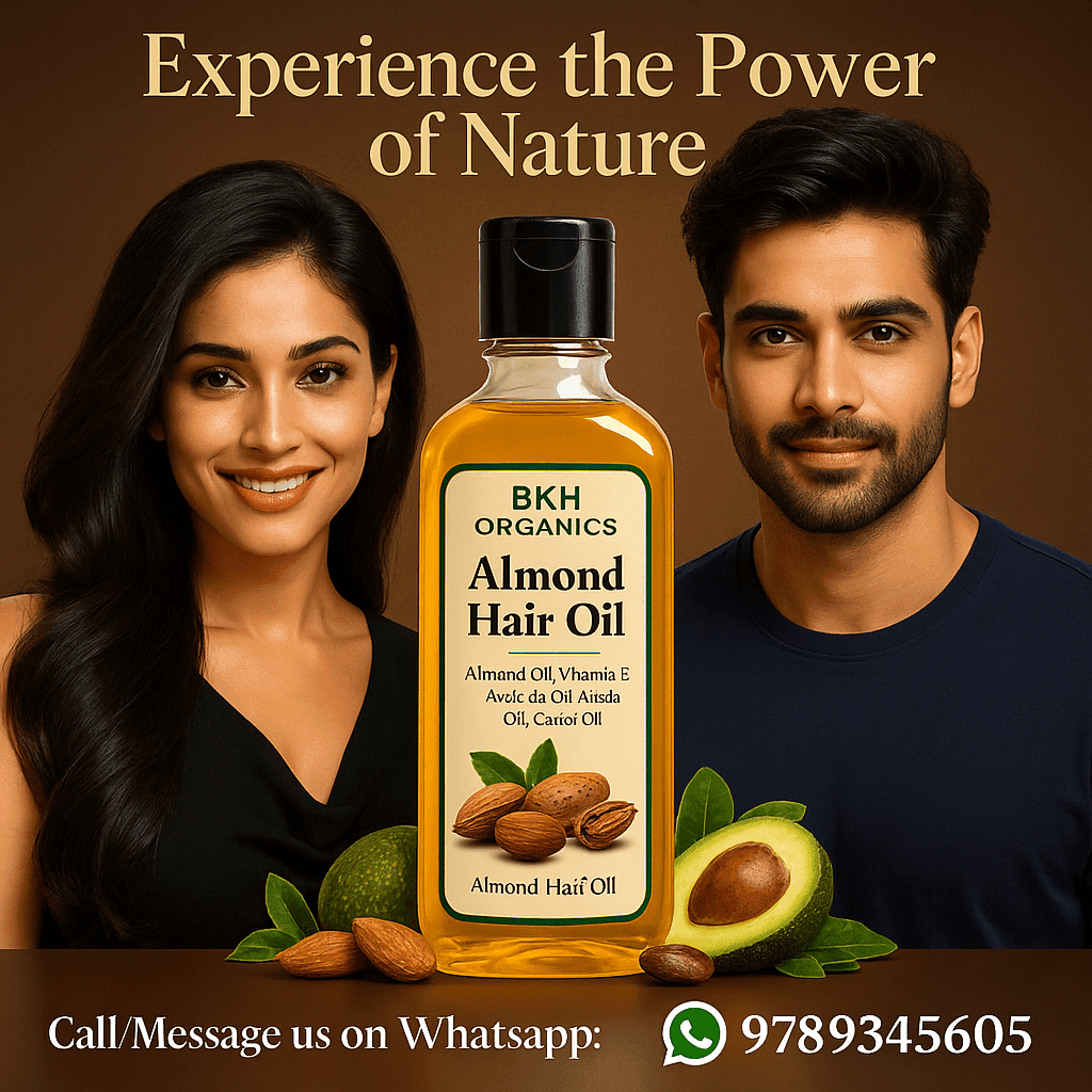 Bottle of BKH Organics Almond Hair Oil with a woman and man on either side, against a brown background.