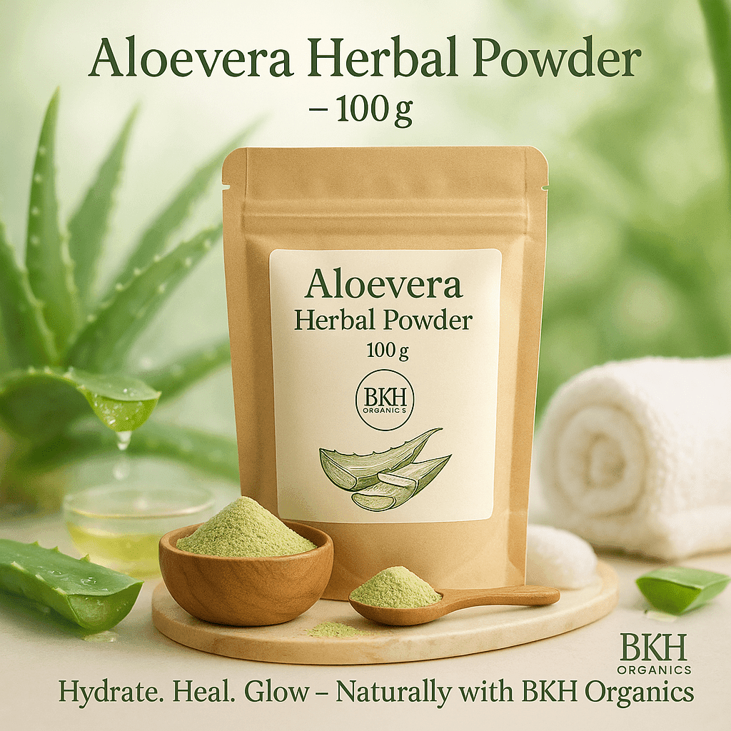 Aloevera Herbal Powder package with aloe vera leaves and a bowl of powder on a light background. Aloevera Herbal Powder 100g - BKH Organics