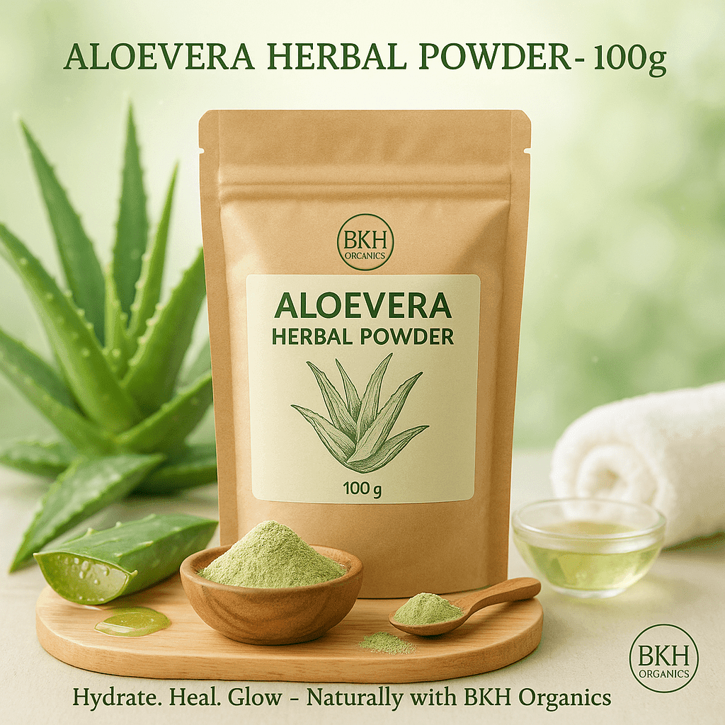 BKH Organics Aloe vera herbal powder package with aloe vera leaves and aloe vera juice on a wooden board. Aloevera Herbal Powder 100g - BKH Organics