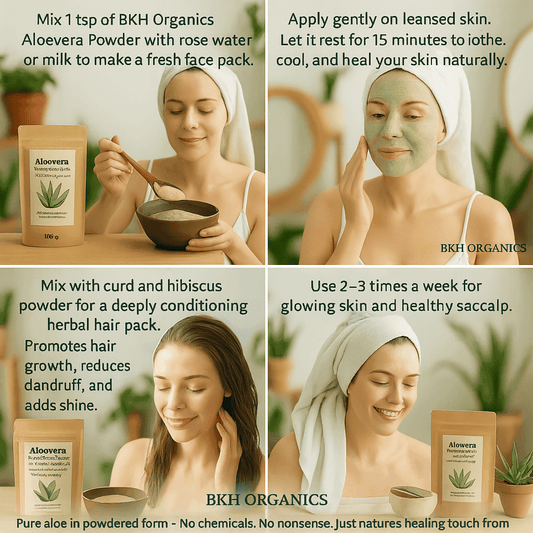 Instructions for using BKH Organics Aloe vera powder for face pack and hair pack with images of a woman applying the products. Aloevera Herbal Powder 100g - BKH Organics