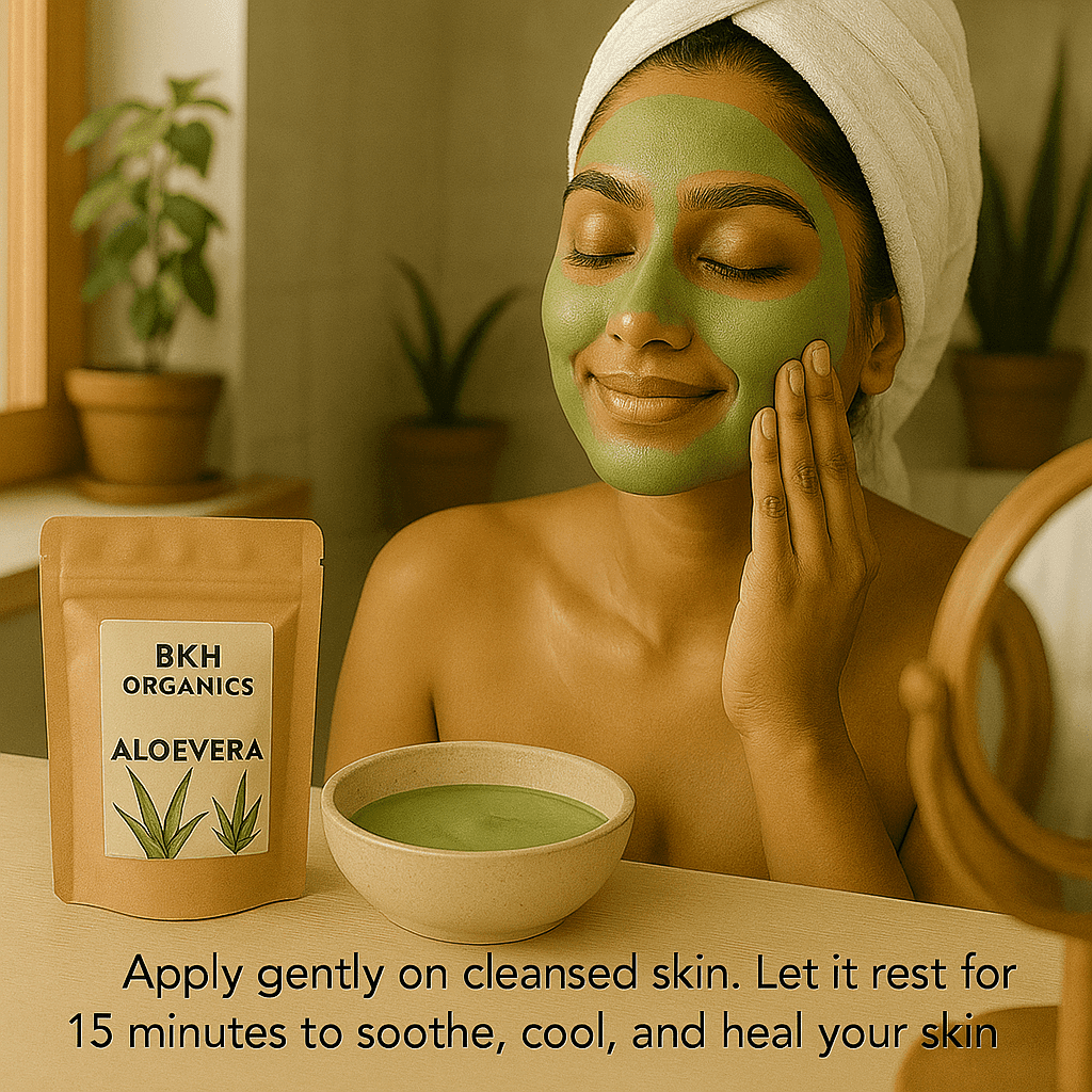 Woman applying aloe vera face mask with BKH Organics aloe vera pack and bowl on a table. Aloevera Herbal Powder 100g - BKH Organics