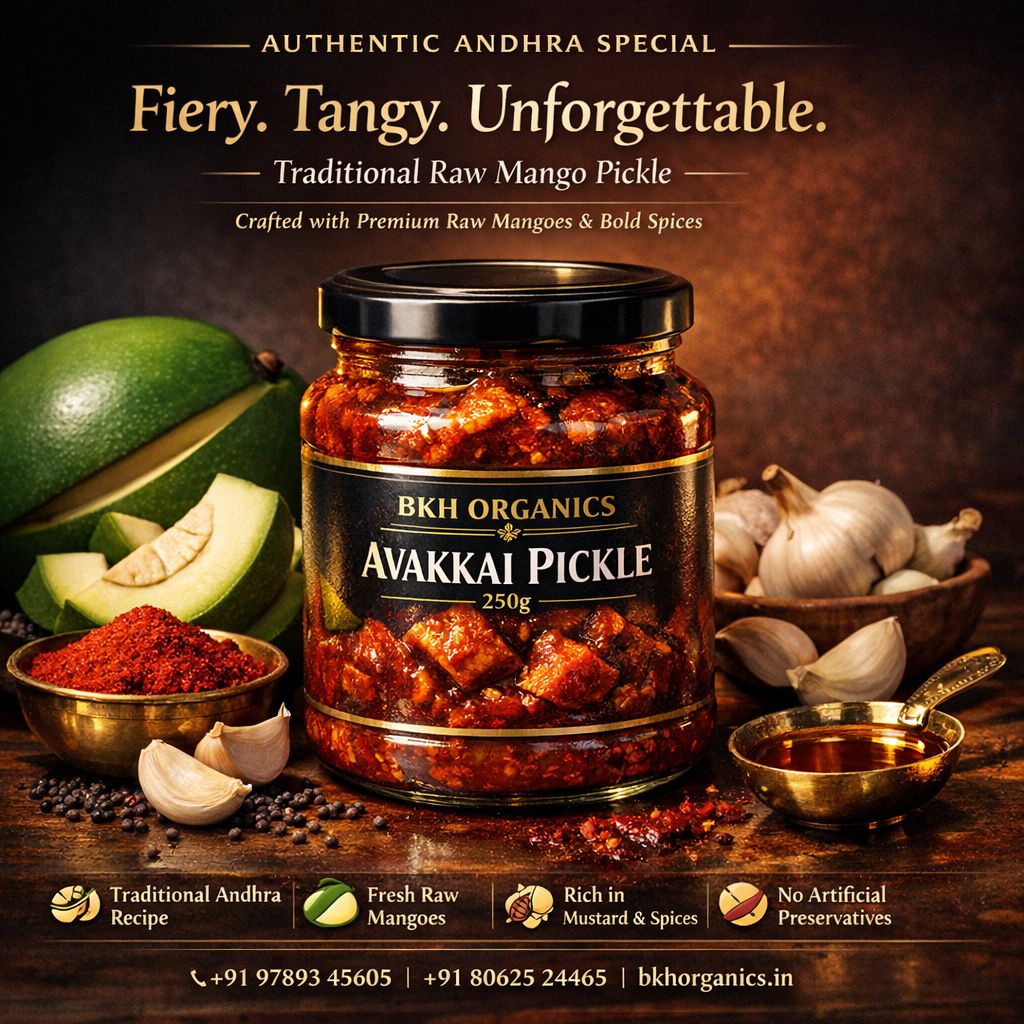 BKH Organics Avakkai pickle jar with ingredients on a wooden surface