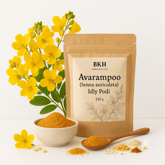 BKH Organics Avaramampoo Idly Podi package with yellow flowers and a wooden spoon on a white background