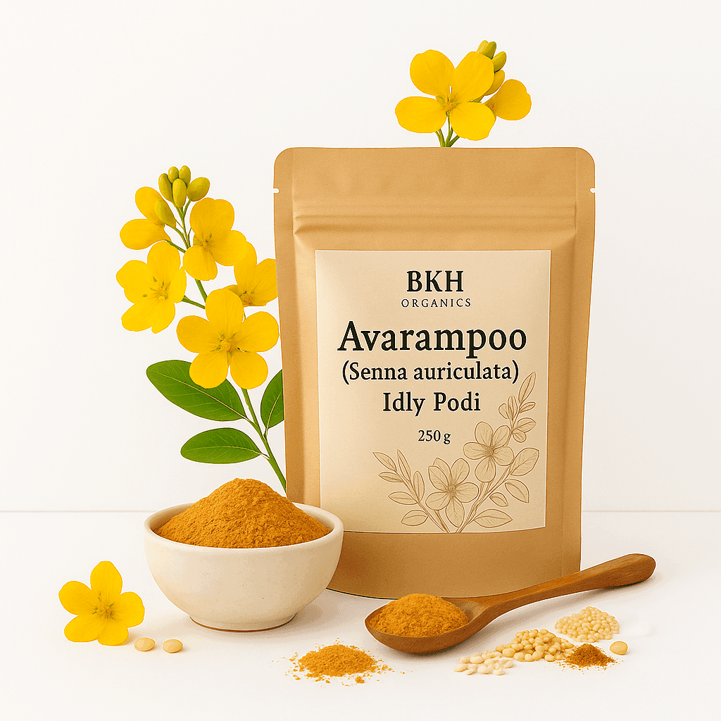 BKH Organics Avarampoo packaging with a bowl of powder, wooden spoon, and yellow flowers on a white background