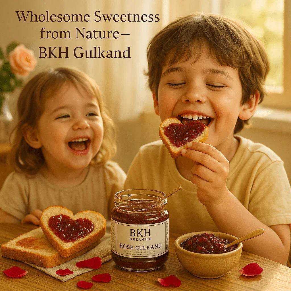 Two children enjoying BKH Gulkand on toast with a jar of the product on a table. Rose Gulkandh 250g - BKH Organics