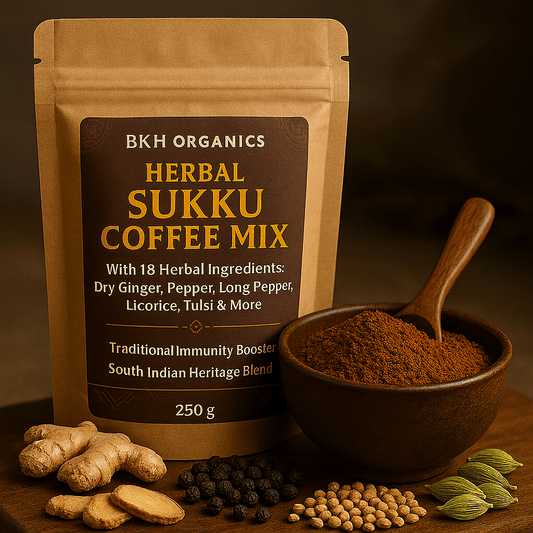 BKH Organics Herbal Sukku Coffee Mix packaging with a bowl of coffee powder and ingredients on a wooden surface. Immunity booster
