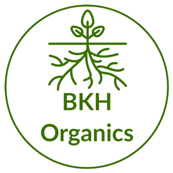 BKH Organics logo with green leaf design and text on a white background