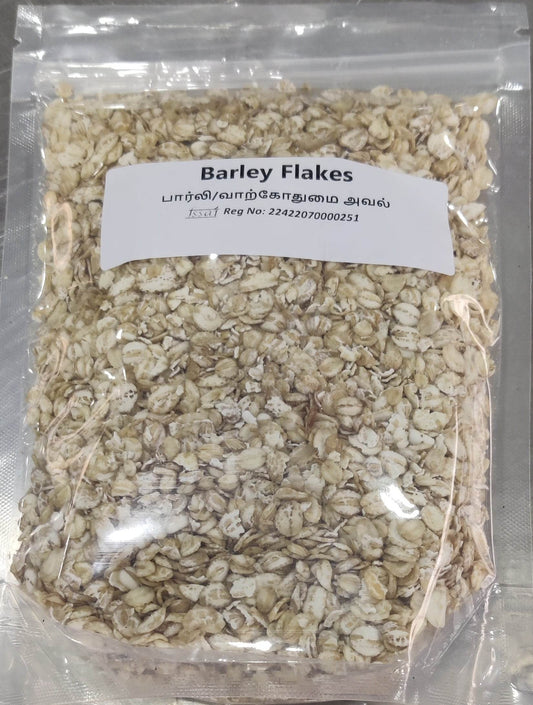 Packaged barley flakes with a label on a white background. Barley Flakes - BKH Organics