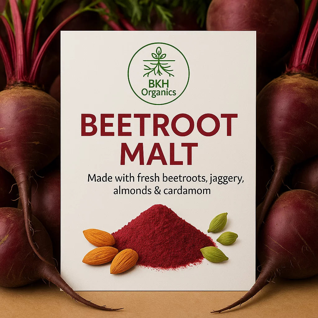 BKH Organics Beetroot Malt packaging with beetroot, almonds, and cardamom on a beige background