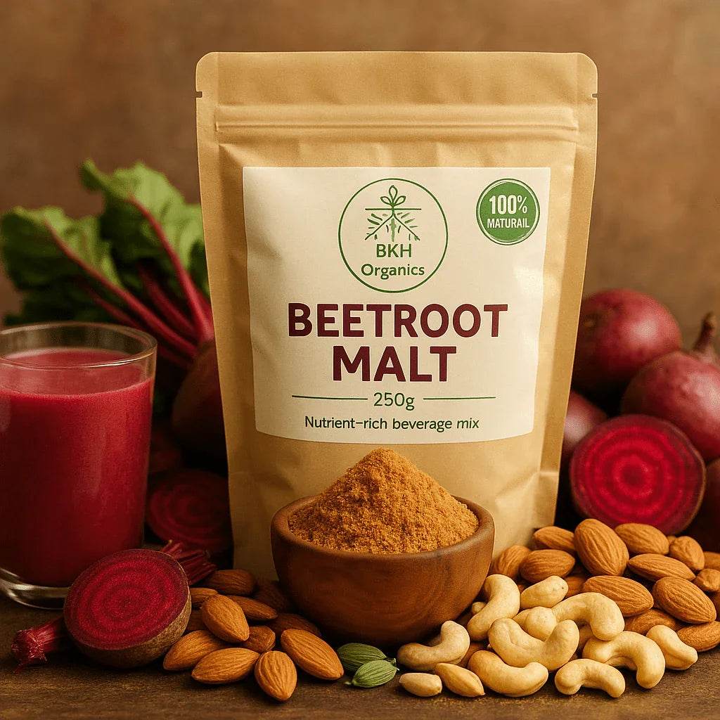 BKH Organics Beetroot Malt package with ingredients and a smoothie on a wooden surface.