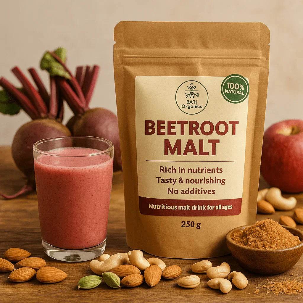 Beetroot malt package with a glass of beetroot juice and ingredients on a wooden surface