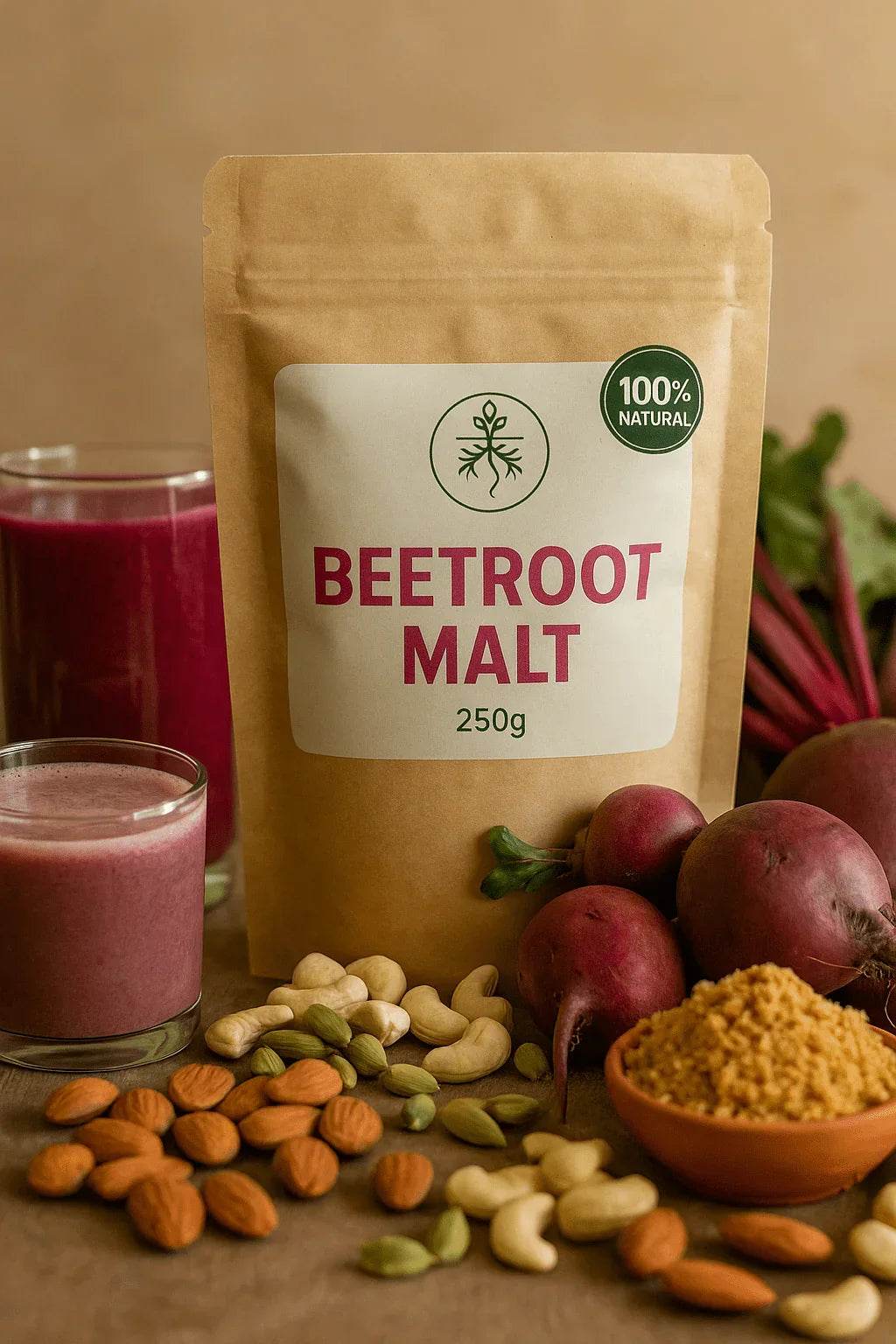 Beetroot malt package with juice and ingredients on a brown background -BKH Organics