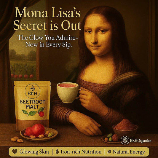 Mona Lisa holding a cup with a package of BKH Beetroot Malt, promoting health benefits.