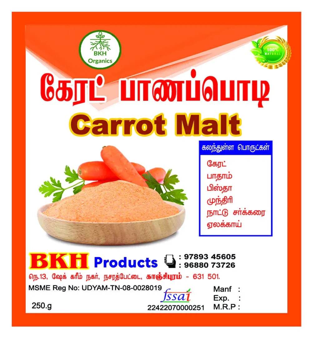 Carrot Malt product packaging with BKH Organics branding and contact information. BKH Organics