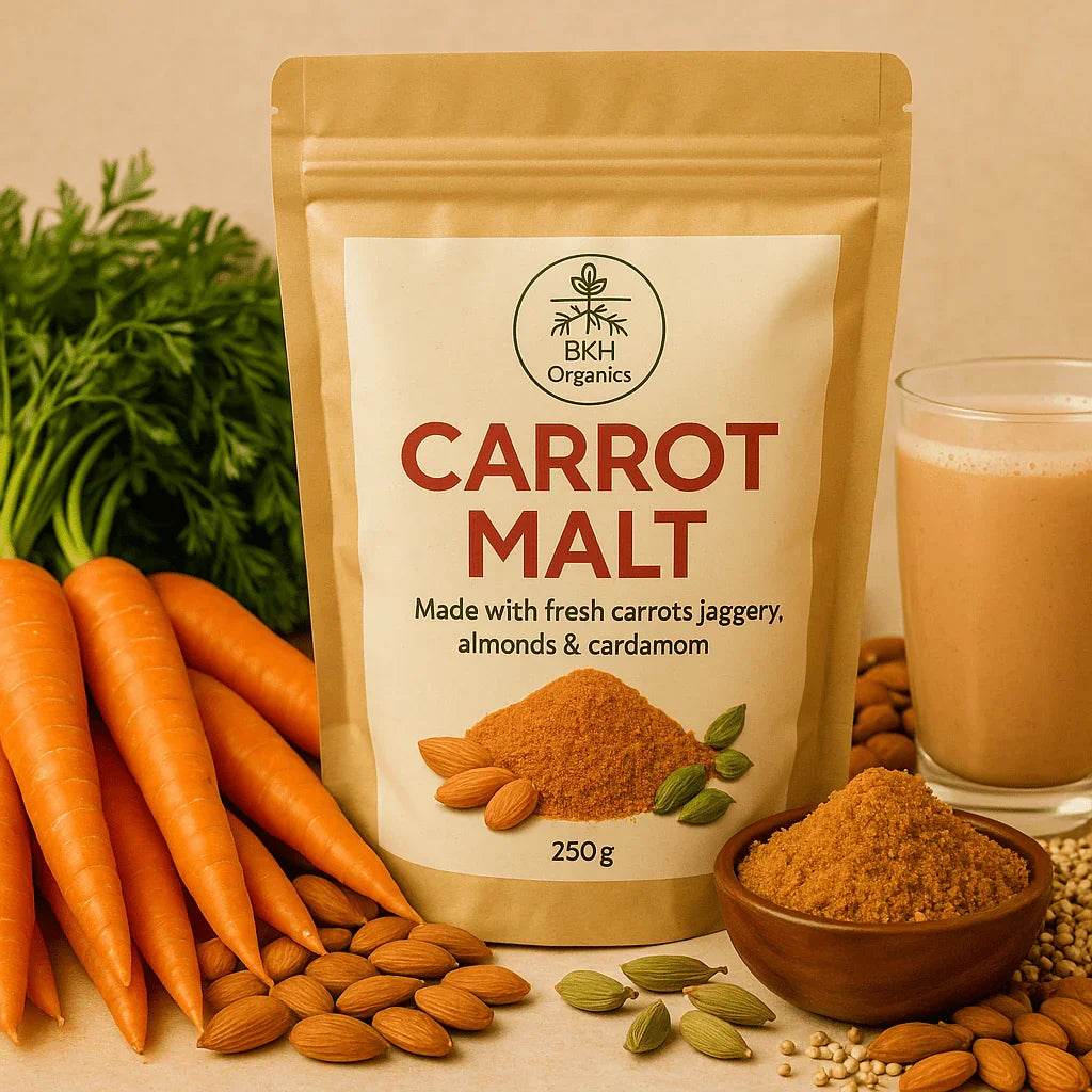 BKH Organics Carrot Malt package with carrots, almonds, and cardamom on a beige background