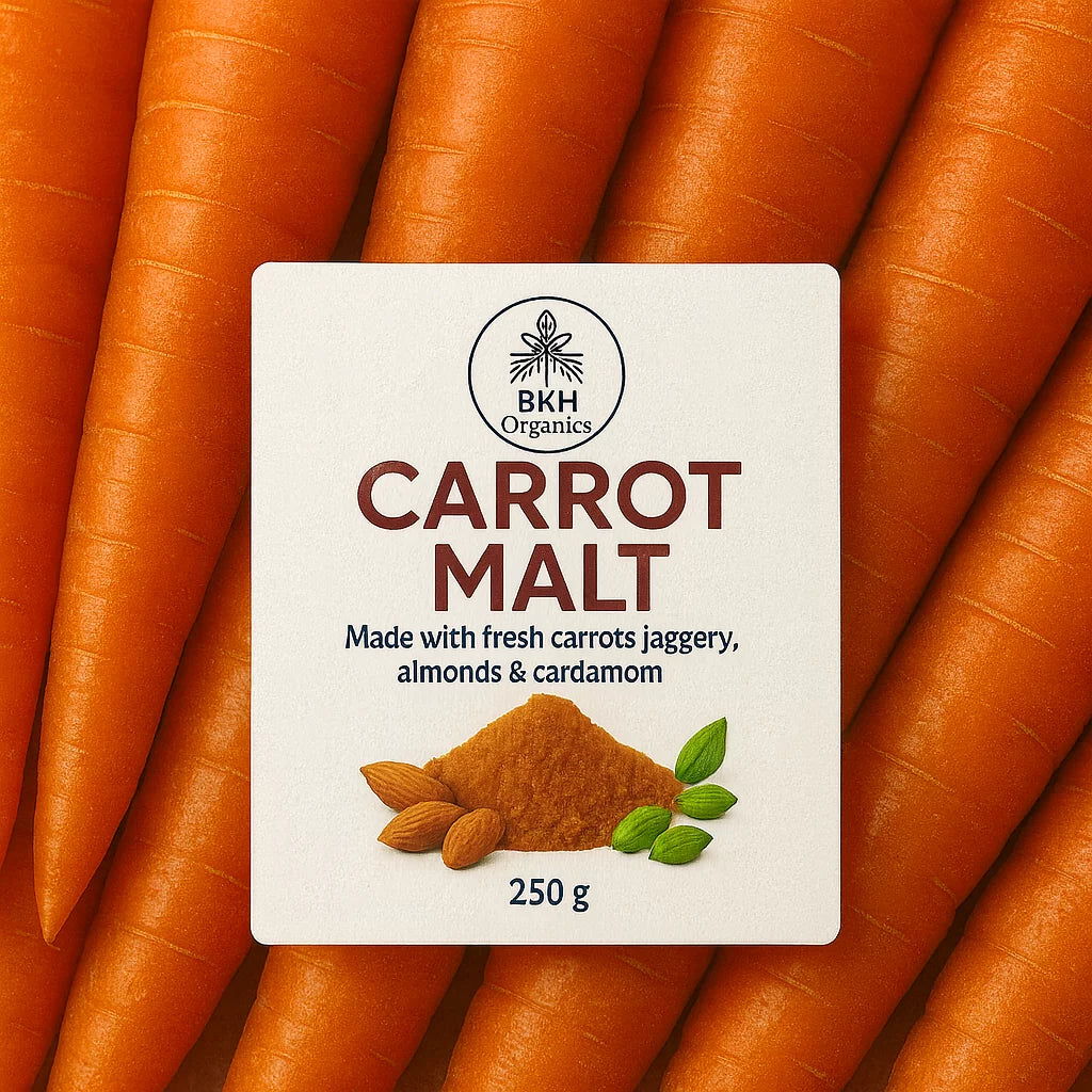 Carrot Malt product with a label on a background of carrots, BKH Organics Carrot milk mix powder