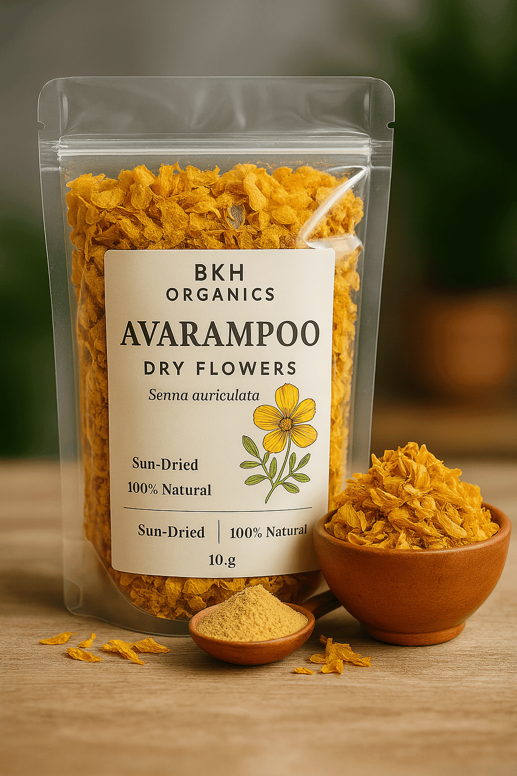 BKH Organics Avaram poo dry flowers packaging with flowers in a bowl on a wooden surface