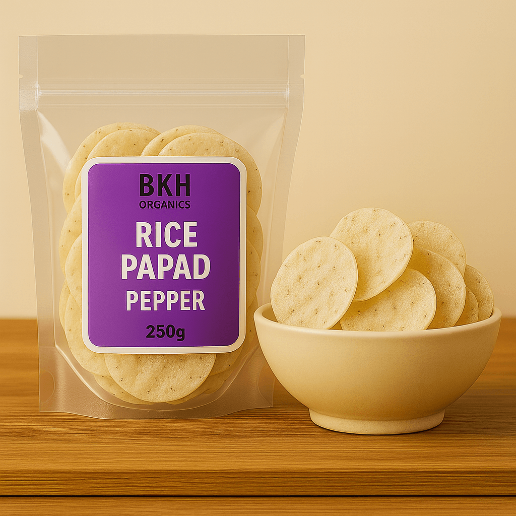 Packaged rice papad with a purple label on a wooden surface