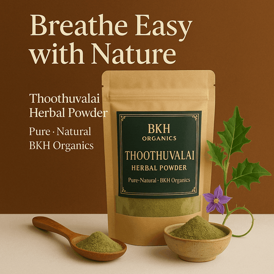 BKH Organics Thoothuvalai Herbal Powder packaging with herbs and text on a brown background. Thoothuvalai Herbal Powder 100g - BKH Organics