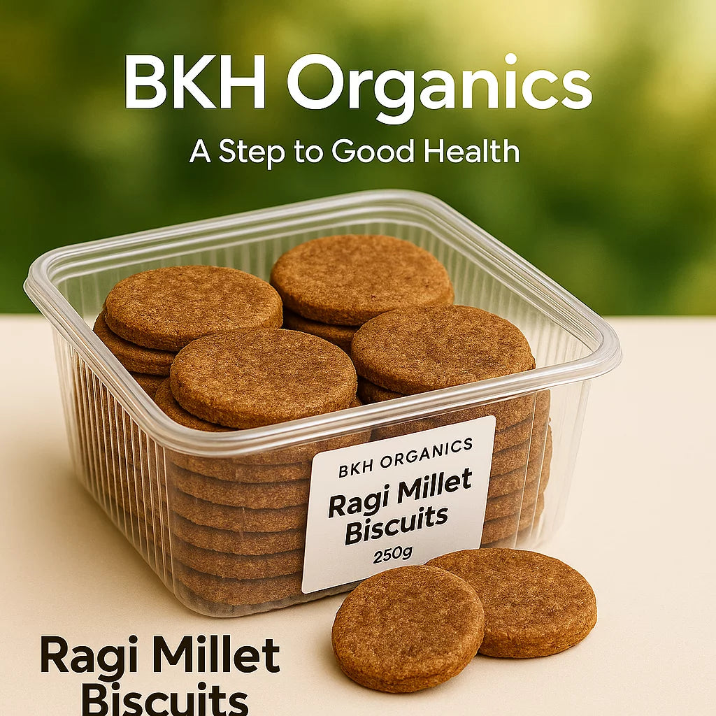 BKH Organics Ragi Millet Biscuits in a clear container with a green blurred background