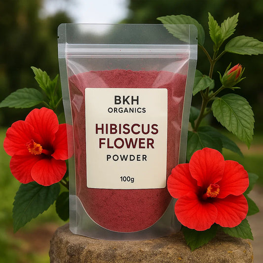 BKH Organics Hibiscus Flower Powder package with red flowers on a natural background