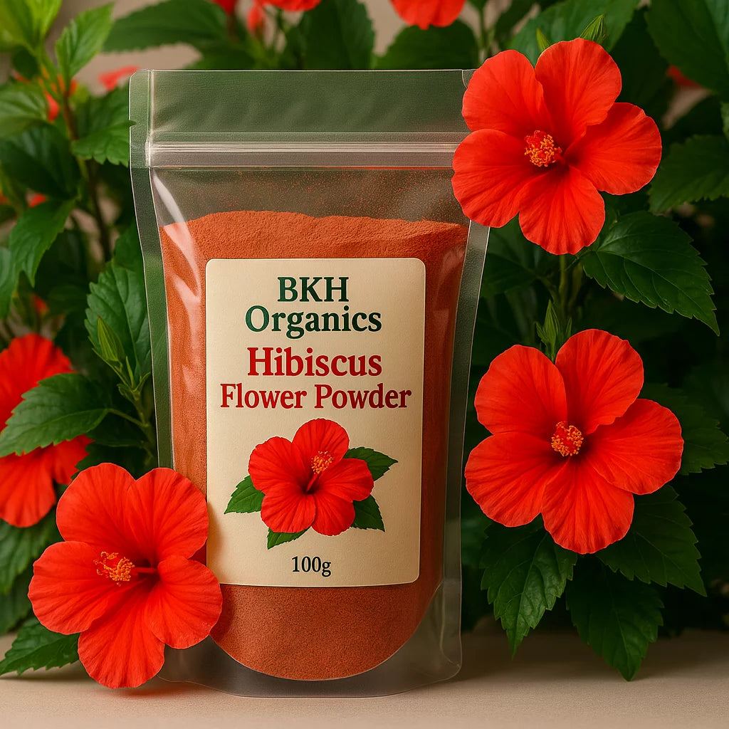 BKH Organics Hibiscus Flower Powder package with red flowers in the background