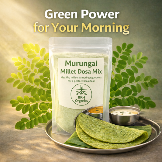 Packaging of Murungai Millet Dosa Mix with green dosas and chutney on a tray, surrounded by green leaves., BKH Organics