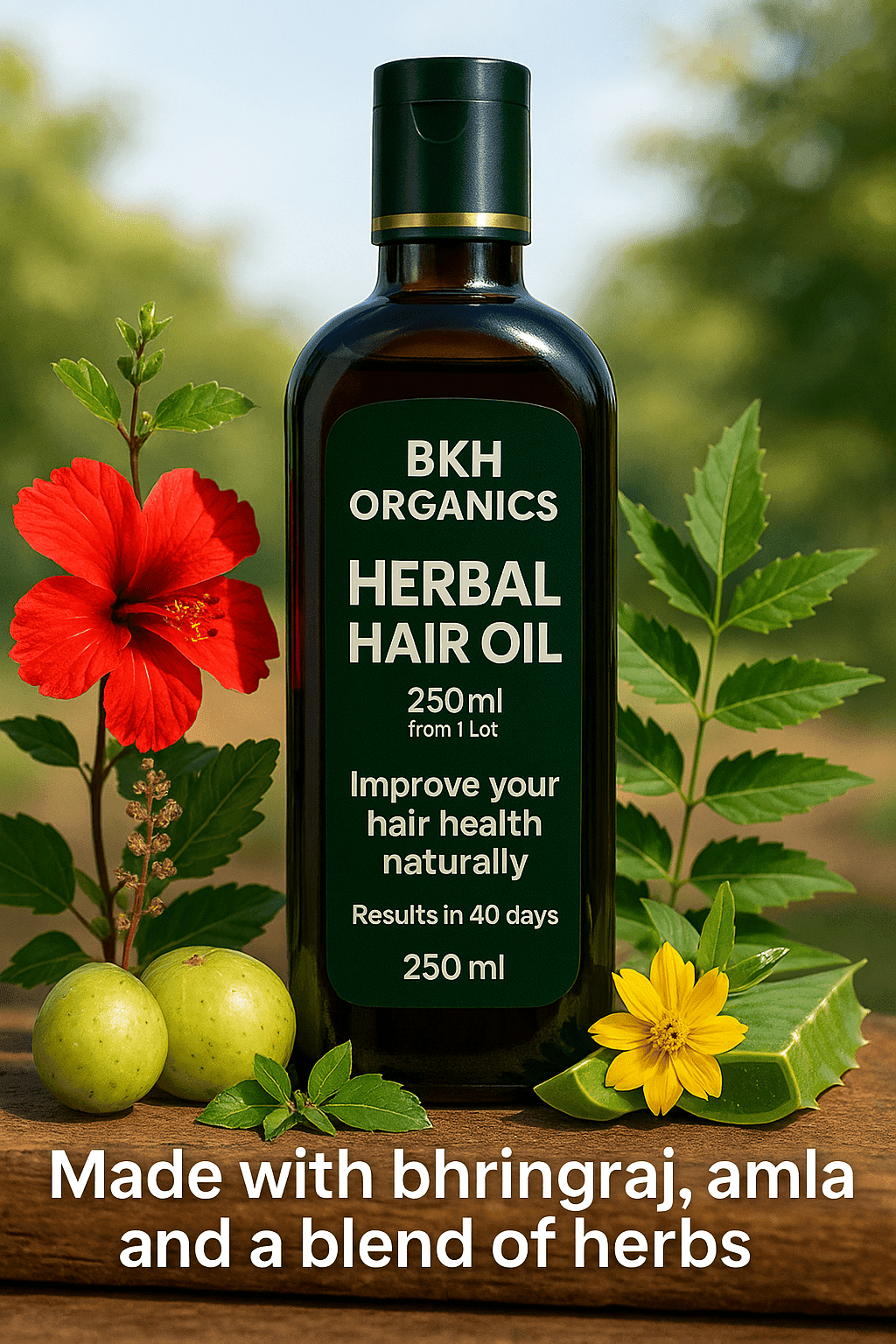 Bottle of BKH Organics Herbal Hair Oil with natural elements on a wooden surface