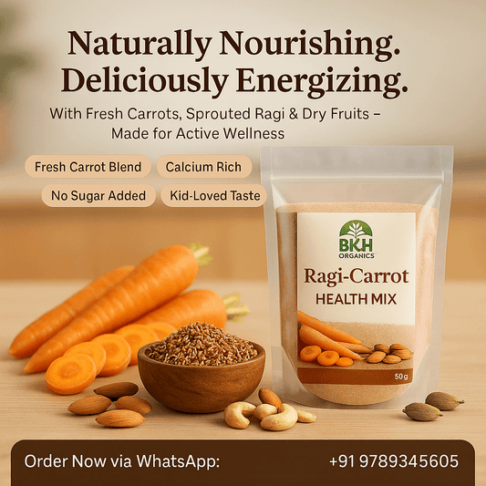 BKH Organics Ragi-Carrot Health Mix packaging with carrots, ragi, and nuts on a wooden surface.