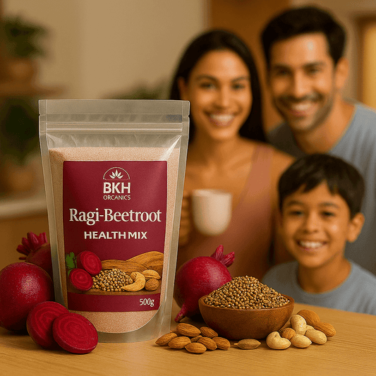 BKH Organics Ragi-Beetroot Health Mix package with a family in the background. Ragi - Beetroot Health Mix 500g - BKH Organics
