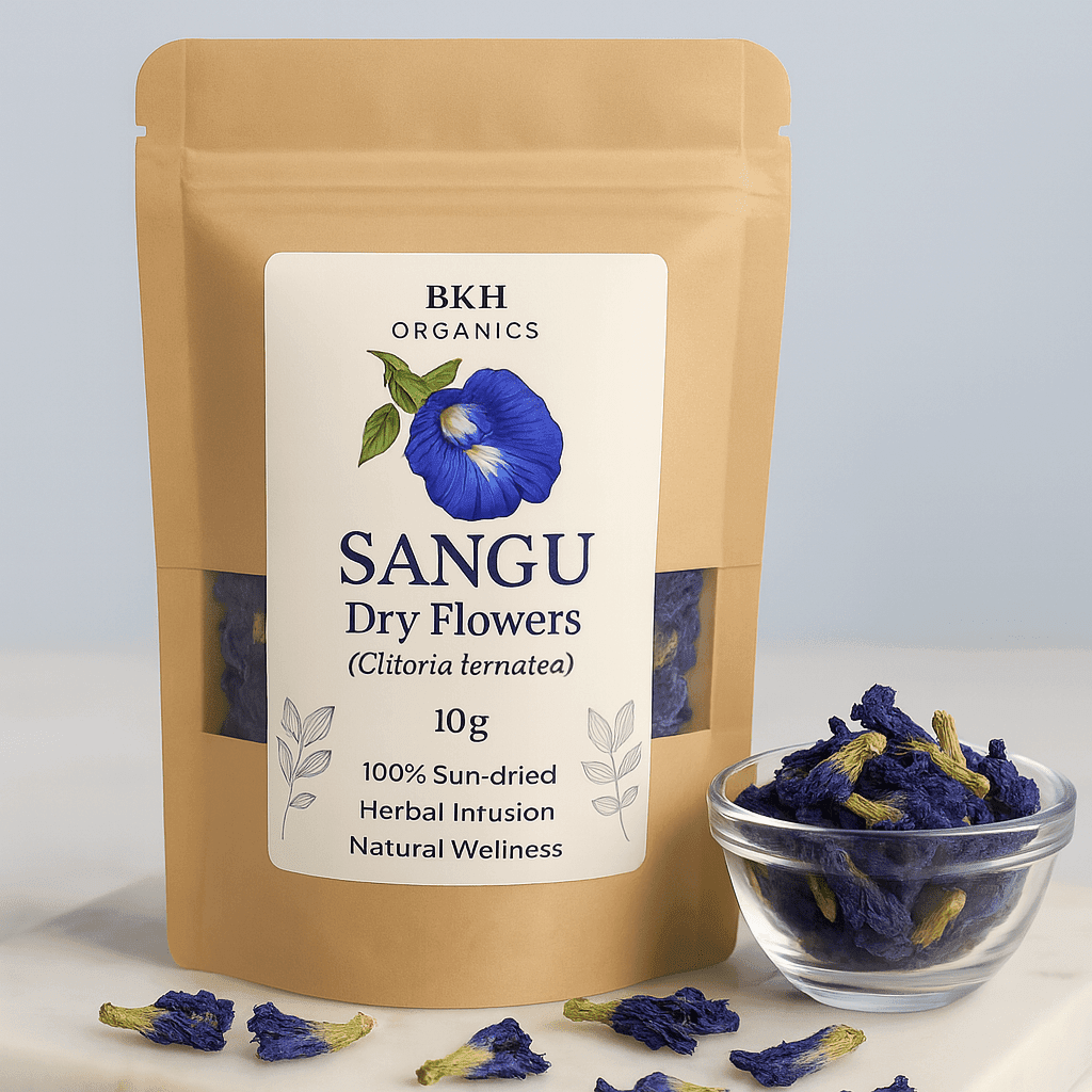BKH Organics Sangu dry flowers packaging with a small bowl of flowers on a light background, BKH Organics Dried Butterfly Pea Flower Tea / Sangu Poo (தமிழ்: சங்கு பூ உலர் தேநீர், తెలుగు: శంఖు పుష్పం టీ, ಕನ್ನಡ: ಶಂಖ ಪುಷ್ಪ ಚಹಾ, മലയാളം: ശംഖുപുഷ്പം ചായ, ತುಳು: ಶಂಖ ಪುಷ್ಪ ಚಾ) pouch with a glass cup of blue herbal tea and fresh blossoms