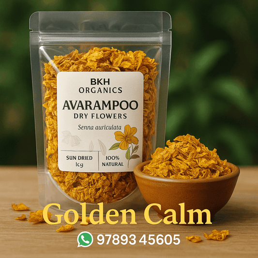 Packaged BKH Organics Avarampoo dry flowers with a bowl of flowers on a wooden surface.