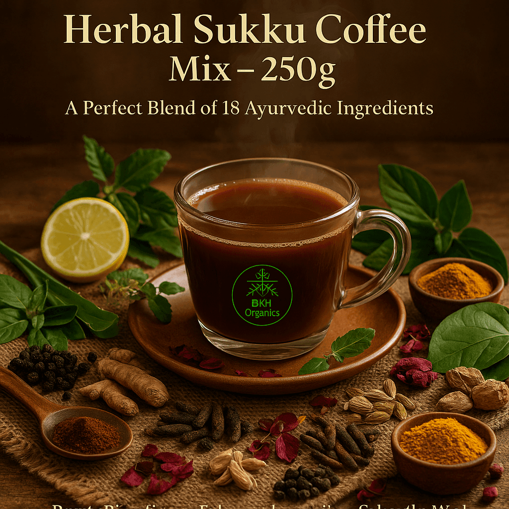 Herbal Sukku Coffee Mix with a cup of coffee, spices, and herbs on a wooden surface.