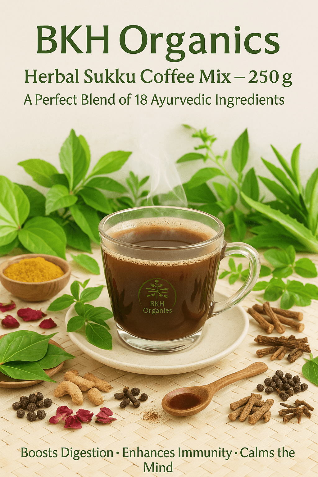 BKH Organics Herbal Sukku Coffee Mix packaging with a cup of coffee and Ayurvedic ingredients.