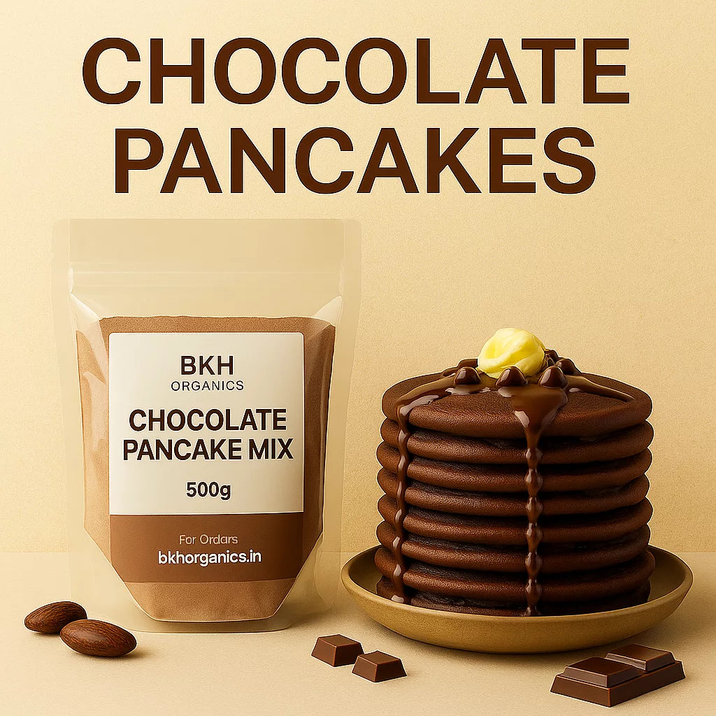 BKH Organics chocolate pancake mix package with a stack of chocolate pancakes on a beige background
