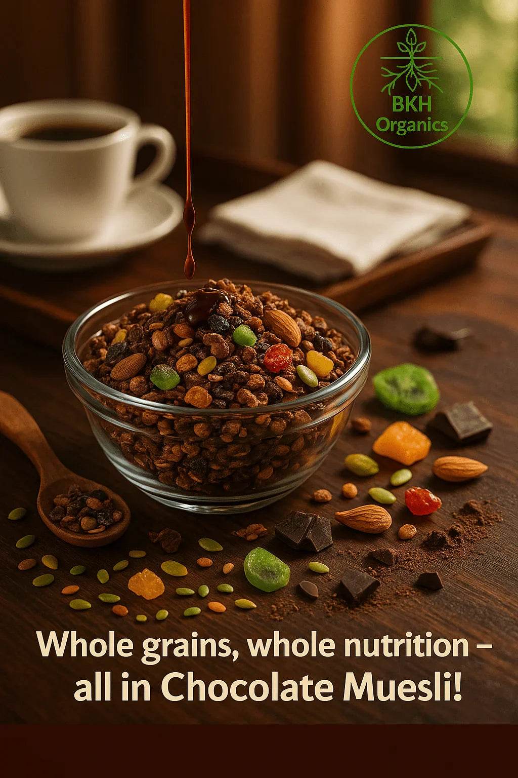 Glass bowl of chocolate muesli with a cup of coffee and various ingredients on a wooden surface, featuring the BKH Organics brand. Chocolate Muesli 250g - BKH Organics